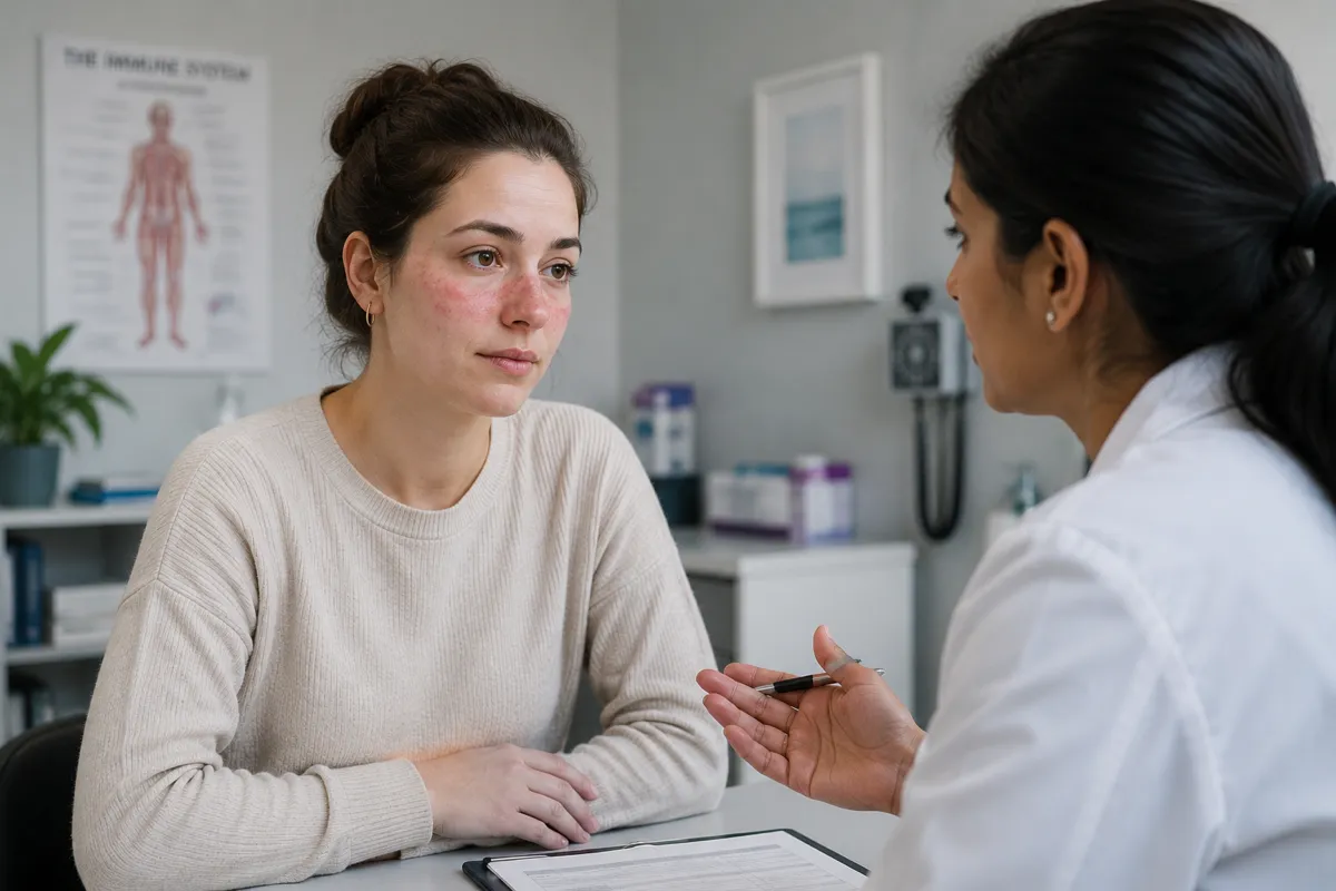 woman with mild facial rash or patient discussing symptoms with consultant in clinic